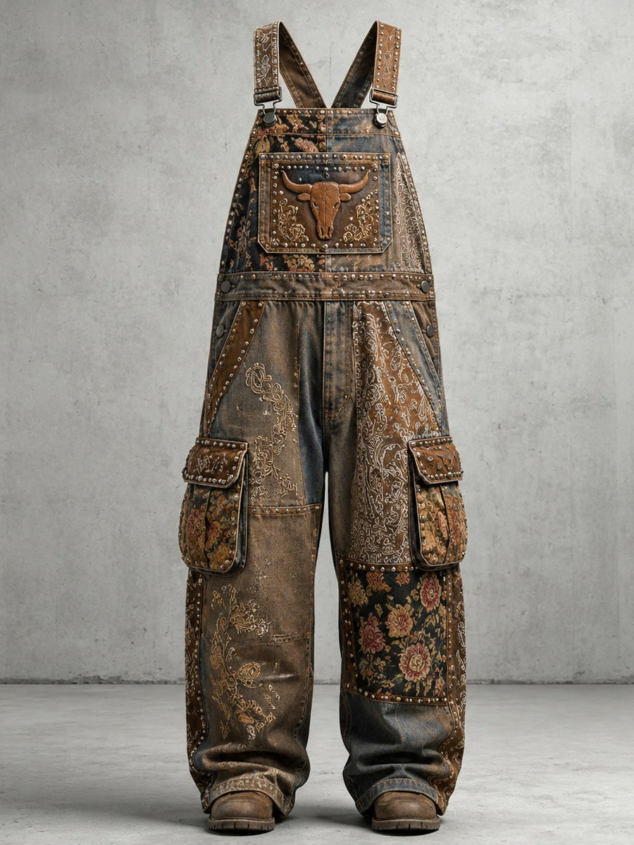 Men's Retro Style Art Print Vintage Casual Washed Cotton Denim Patchwork Jumpsuit